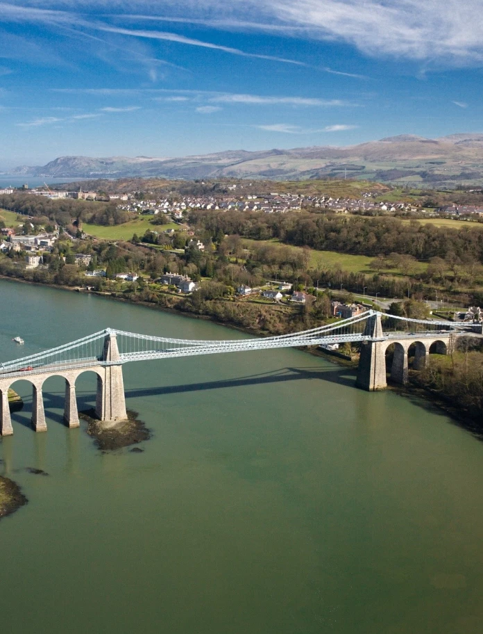 Aerial view of Menai Bridge.
