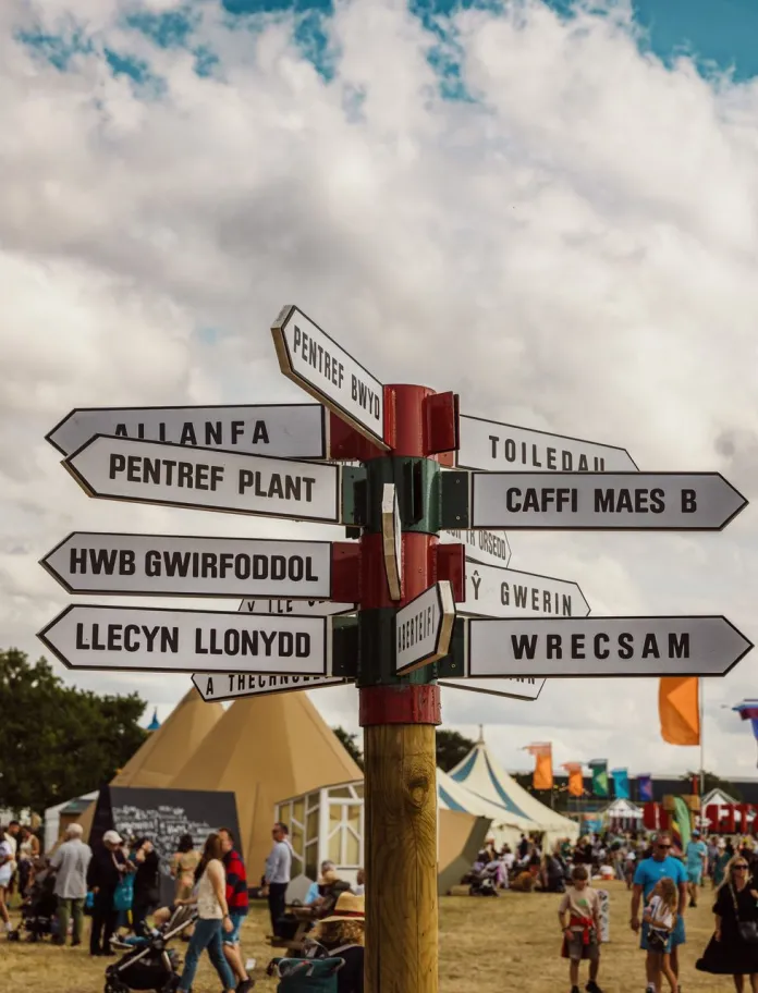 sign in Welsh language at Eisteddfod with people and tents.