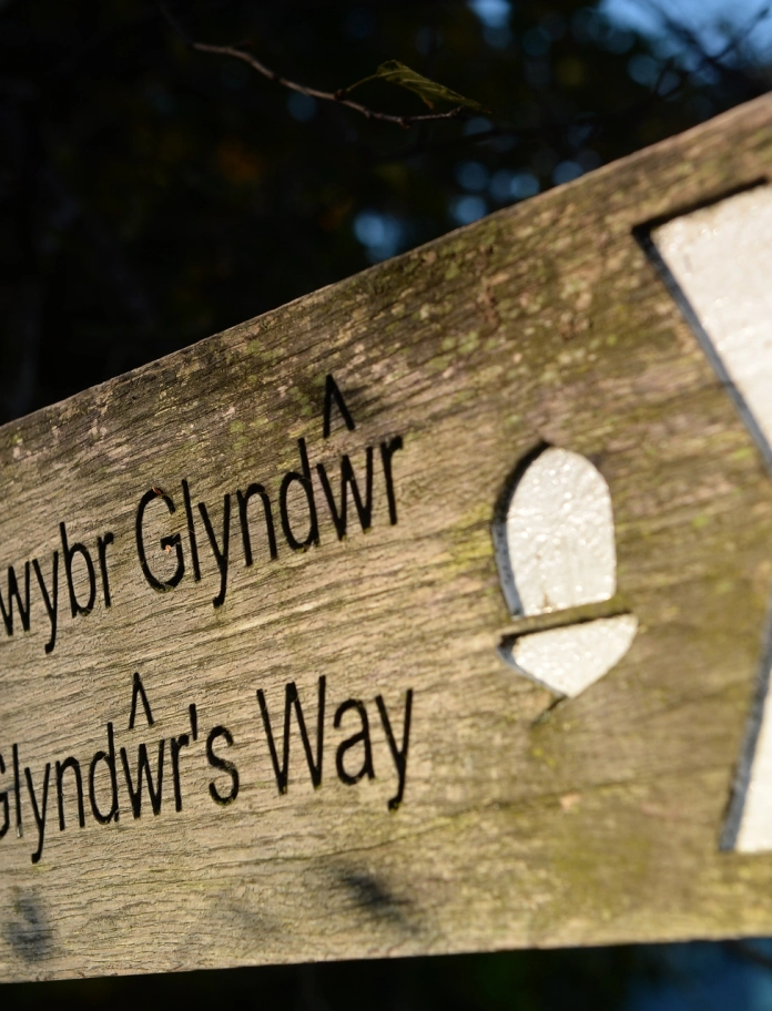 Glyndwr's Way wooden signpost.