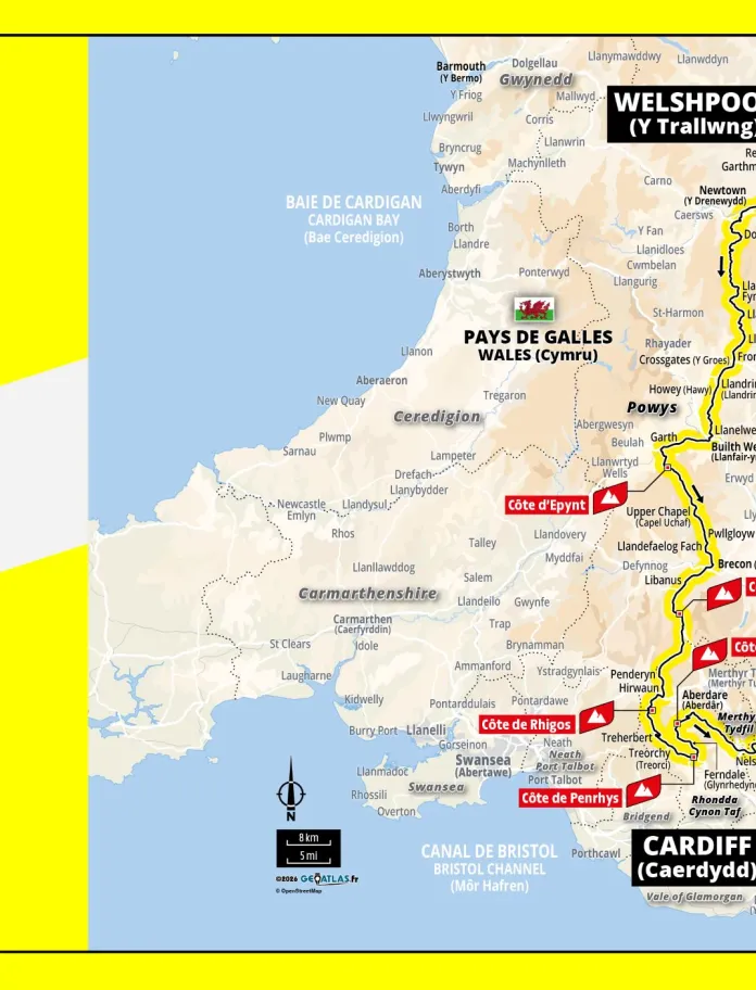 A graphical map with yellow border showing the Tour De France 2027 Stage 3 through Wales, with the route shown in yellow on a map from Welshpool to Cardiff.