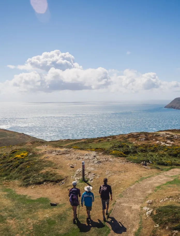 Three people standing by a path waymarker, looking out over a grassy cliff towards a small island in the sea.