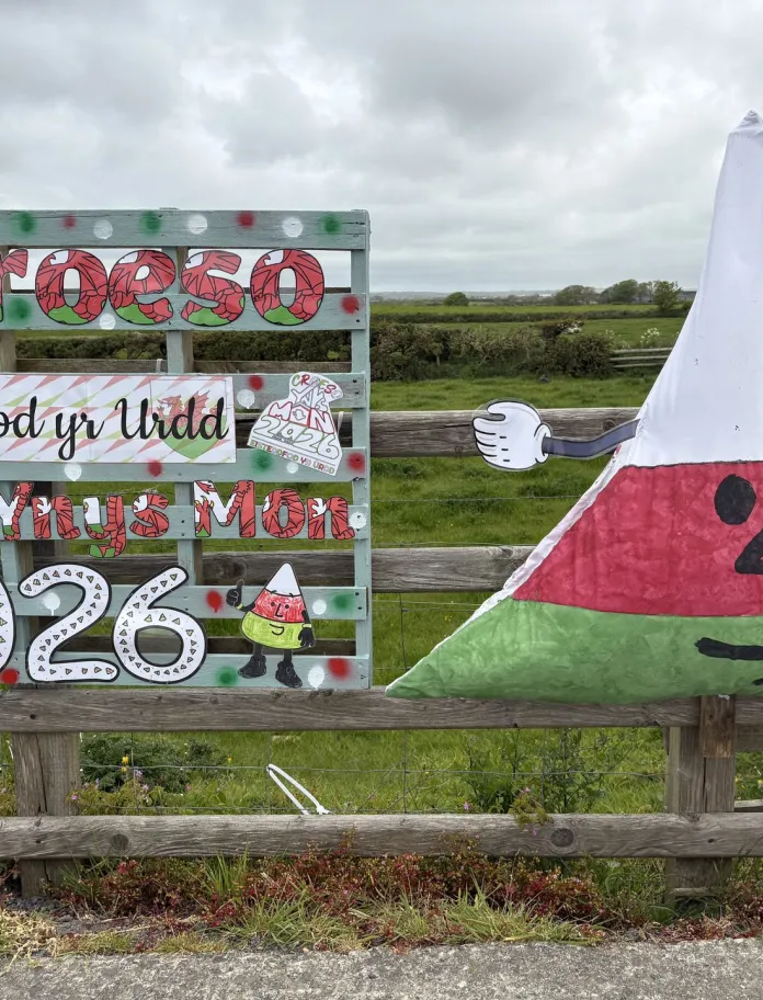 Mounted on a wooden frame beside a road or path, with a strip of tarmac visible. A green, slightly rugged rural landscape lies behind.