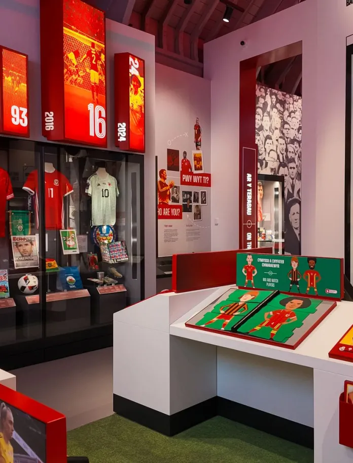 Interactive exhibition at the Football Museum of Wales featuring historic Wales football shirts, memorabilia, pennants and hands-on displays celebrating Welsh football history.