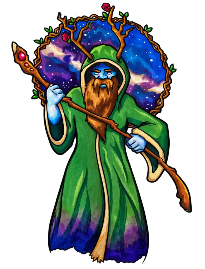 image of a magical man in a green coat with blue skin wielding a wooden staff with gems in it. He stands in front of a large bramble bordered halo with the milky way in the background of the halo. 