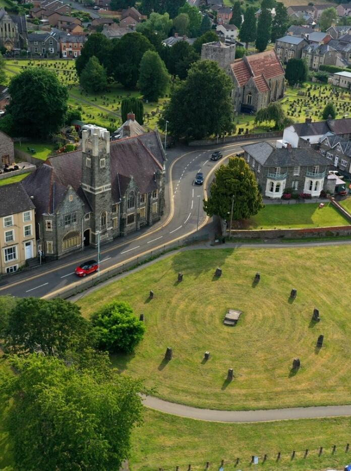 Aerial view of stone circle and surrounding area.