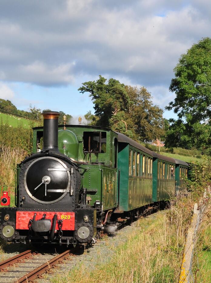 Steam train in countryside.
