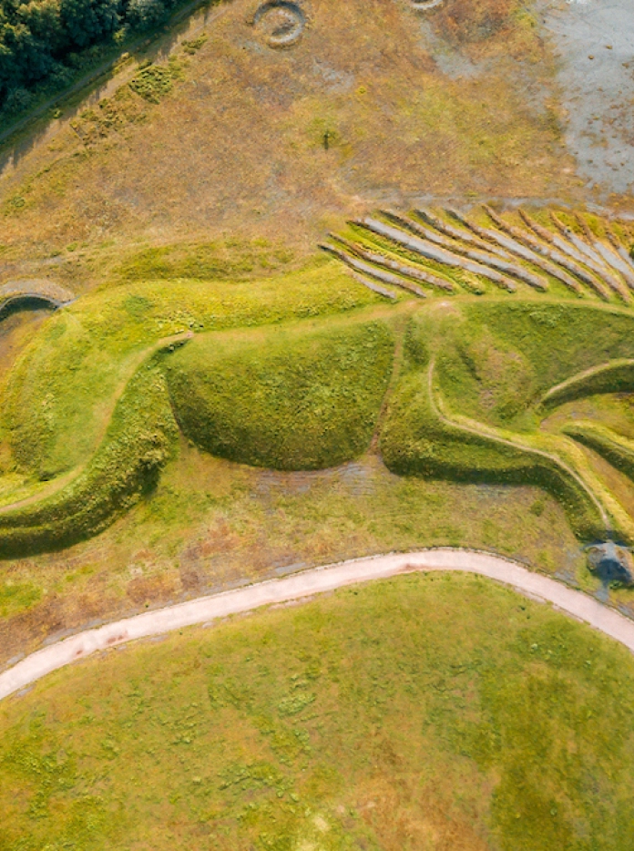 A huge ground sculpture of a pony covered in grass.