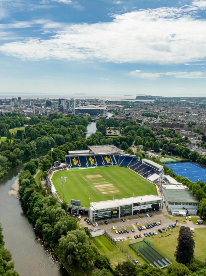 aerial view of Sophia Gardens cricket grounds and surrounding city.