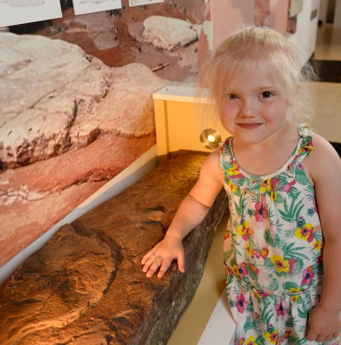 A young girl beside fossilised rocks in a museum.