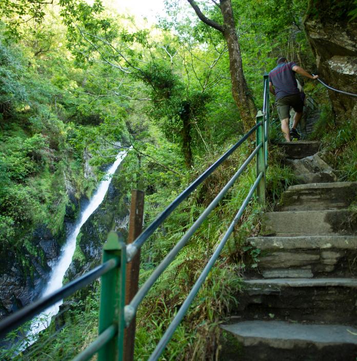 People walking up natural stone steps alongside a waterfall.