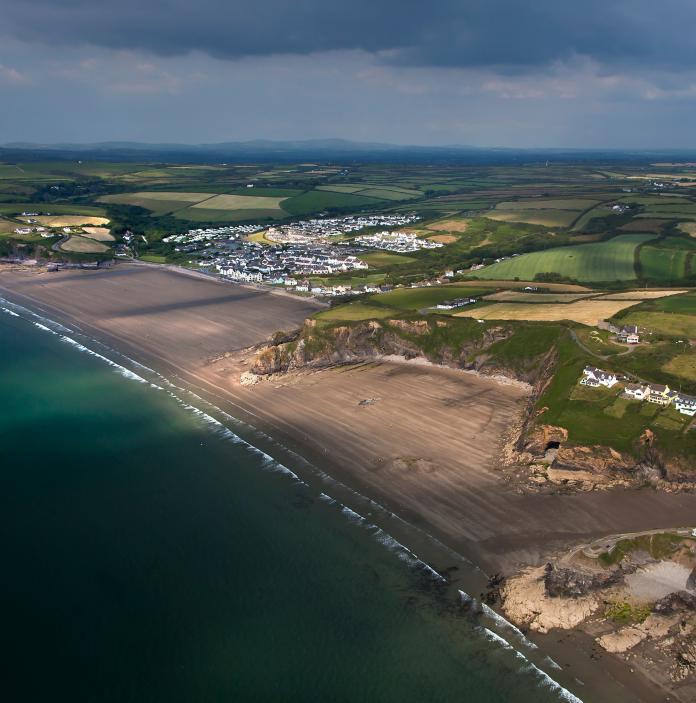 Aerial shot of the sands of Broadhaven beach.
