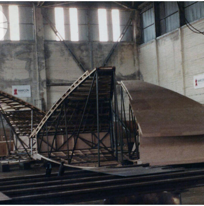 A wooden spaceship under construction for a film. 