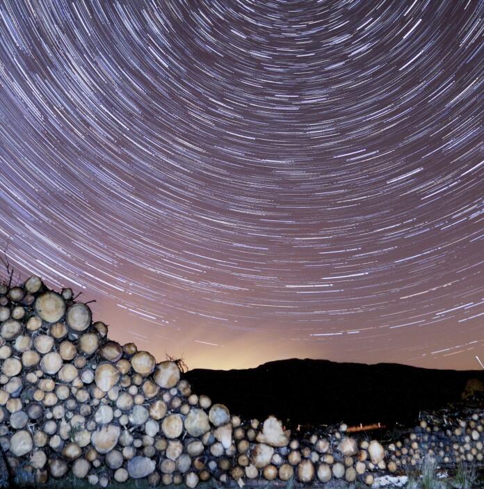 Startrails with logs in the foreground.