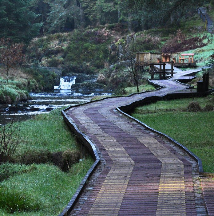 A wooden broadwalk next to a narrow river and waterfall, in a pine forest.