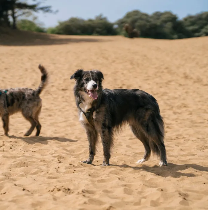 Two dogs stood on a sandy beach.