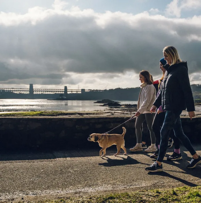 Two people walking a small dog along a waterfront path with a scenic view of a suspension bridge and hills under a cloudy sky.