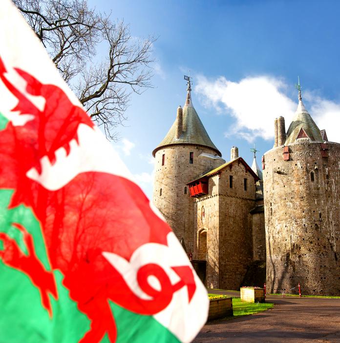 The Welsh flag flying outside Castell Coch