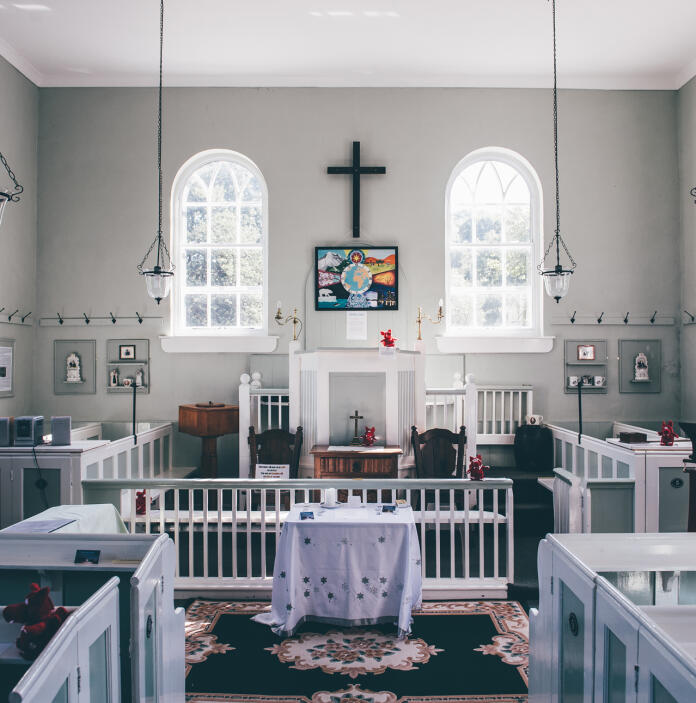 interior of church with white walls.