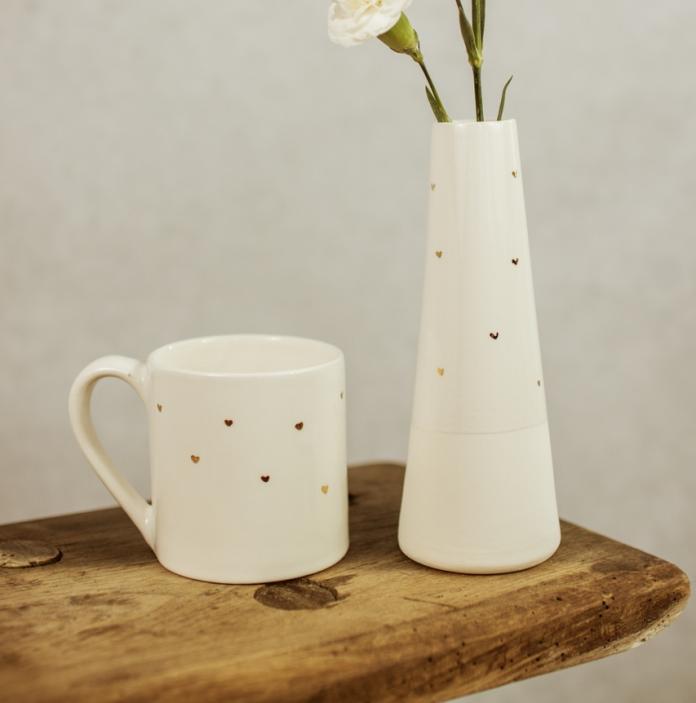 White mug with Gold Hearts and White Vase with Gold Hearts