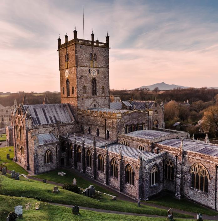 View of St Davids Cathedral at sunset