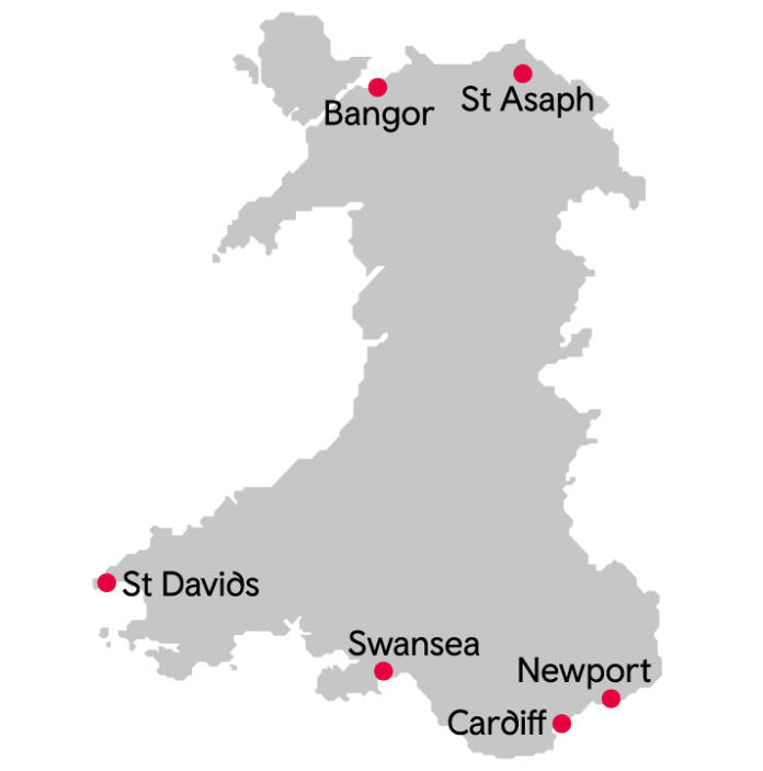 map of Wales showing the six cities.