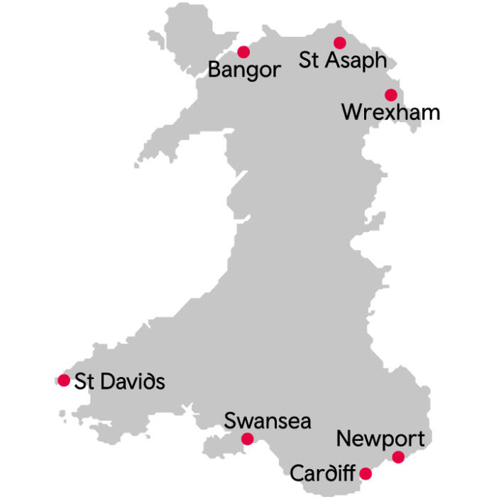 map of Wales showing the cities.