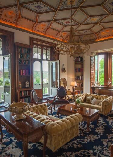 An elegant lounge area with ornate ceiling, large windows and patio doors.