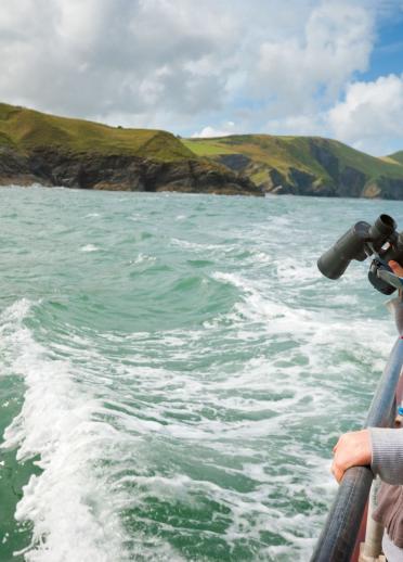 Girl on a boat trip holding binoculars looking out to sea near New Quay.