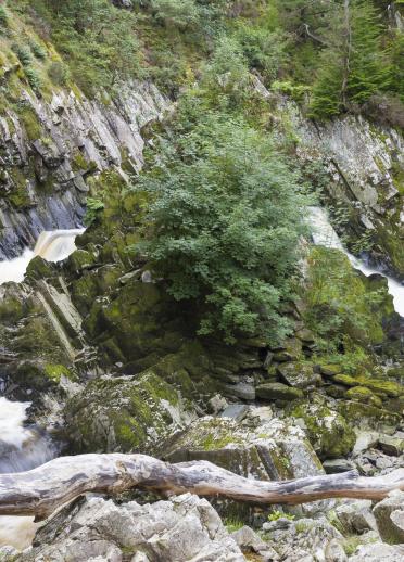 Zwei Wasserfälle, die von Felsen und Grün umgeben sind.