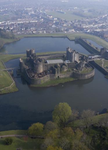aerial view of Caerphilly Castle and surrounding area.