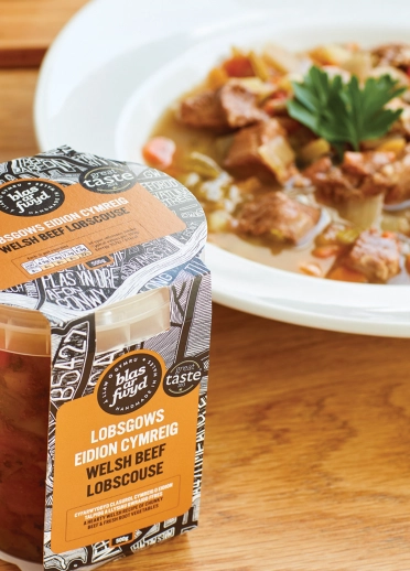 Welsh beef lobscouse, plate of food and product in container.