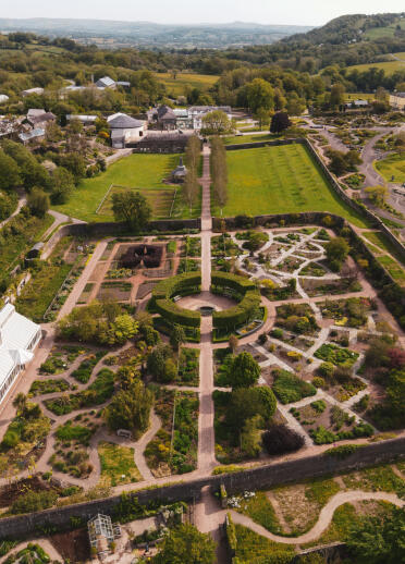 Ariel view of a garden surrounded by walls