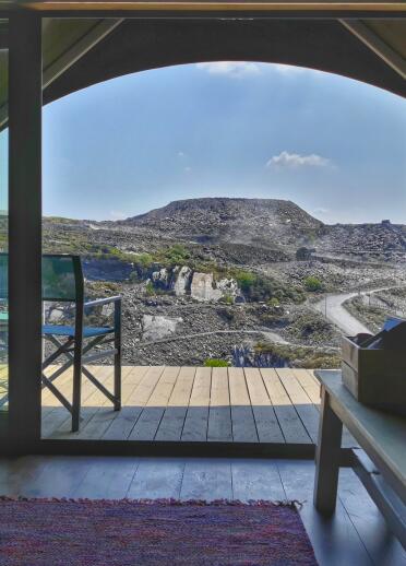 View of a slate quarry from a glamping pod