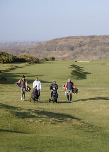 Four people walking on a fairway on a golf course. 