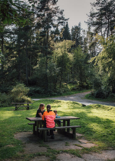 Two adults and a child at a picnic table in woodland.