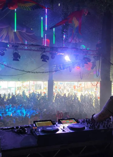 DJ on stage at festival with crowd watching.