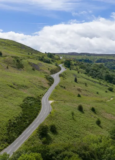 A steep main road following the side of a mountain, surrounded by green fields and trees.