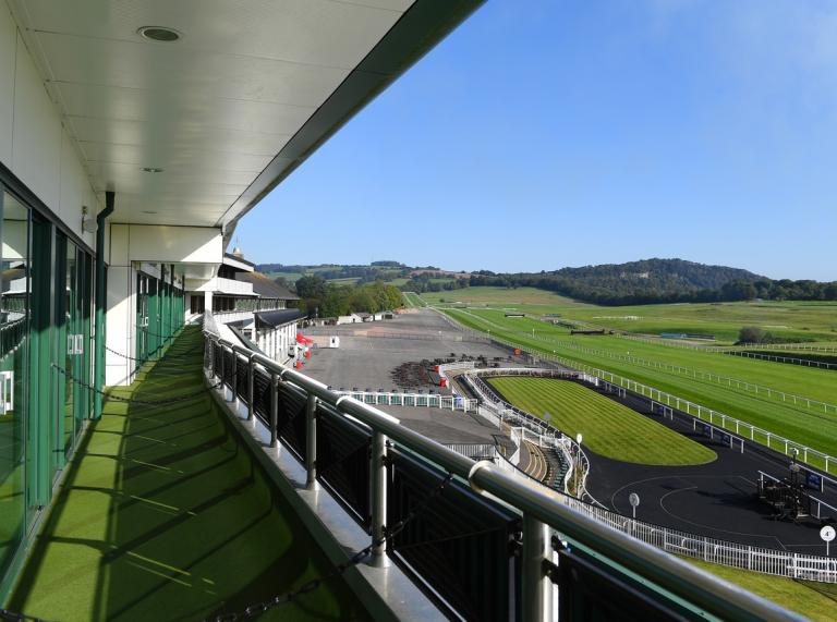 Views of a racecourse from a balcony.