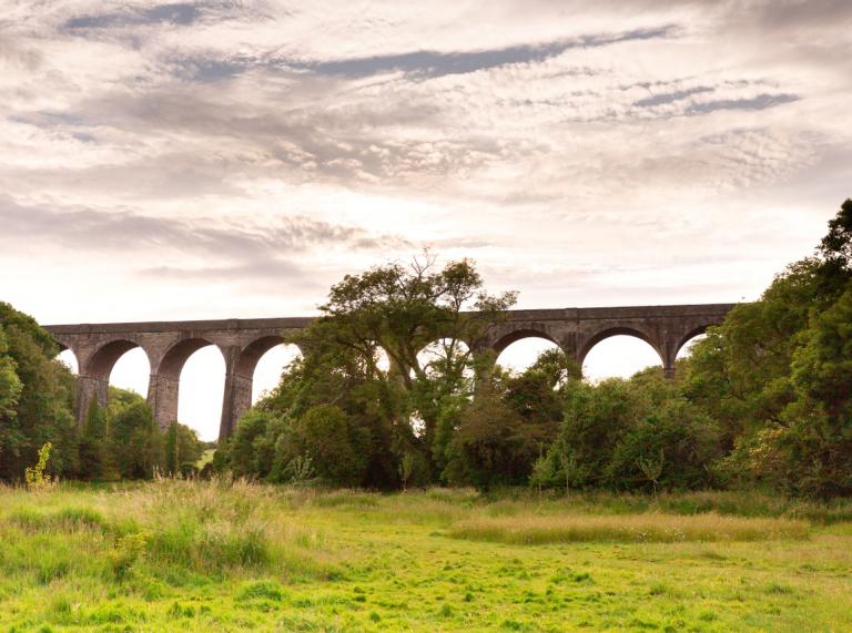 The viaduct at Porthkerry Country park with grass and scrub in the foreground