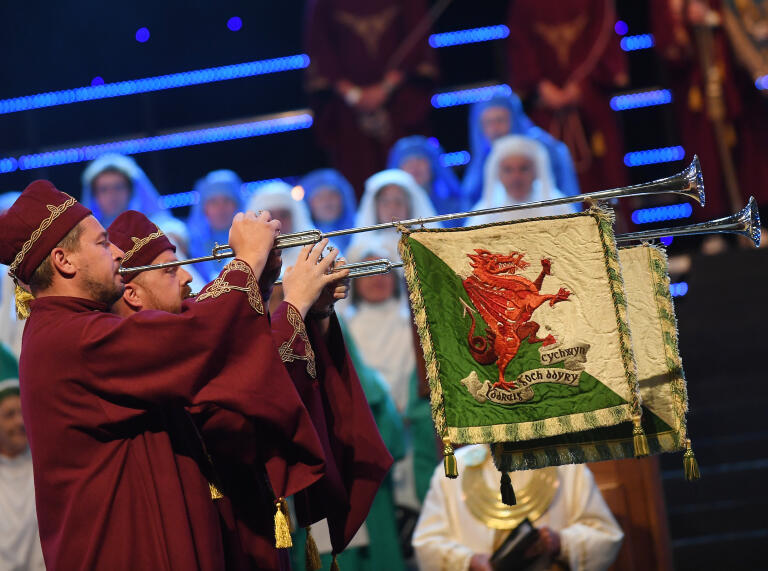 Ceremonial musicians with Welsh flags on instruments.