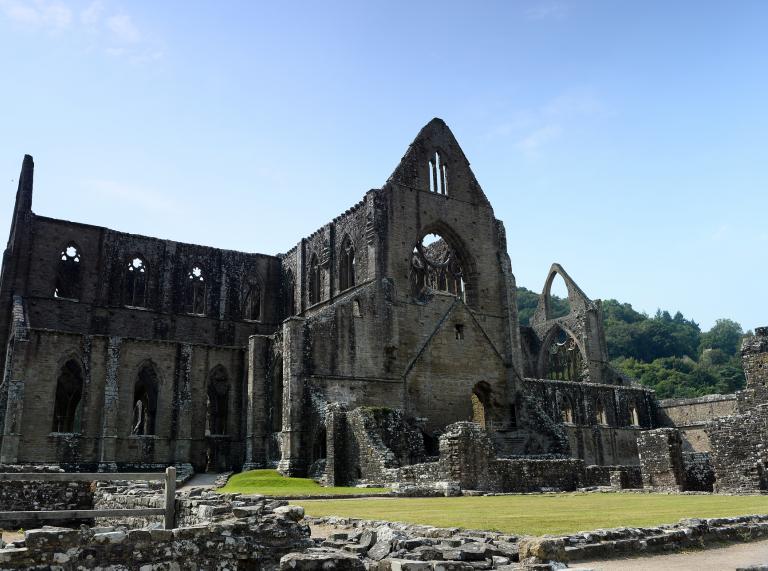 View of the exterior of Tintern Abbey with grass in the foreground and blue skies above