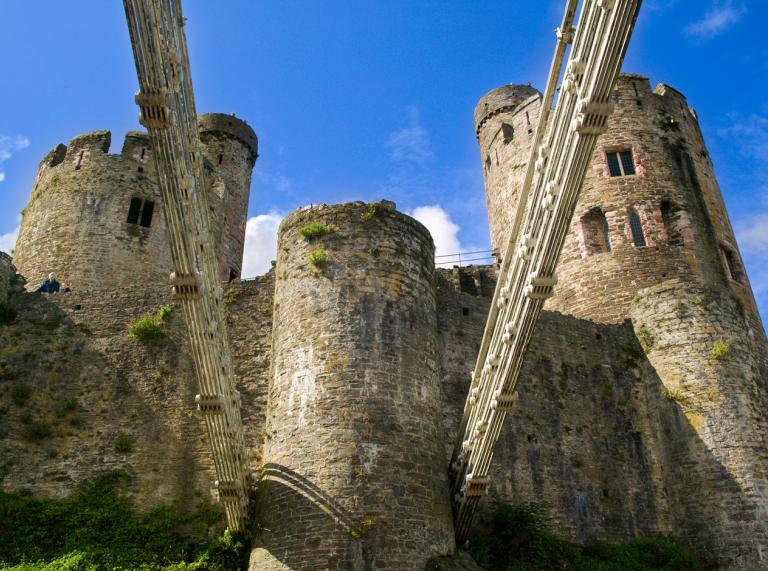 Photo looking up at Conwy Castle