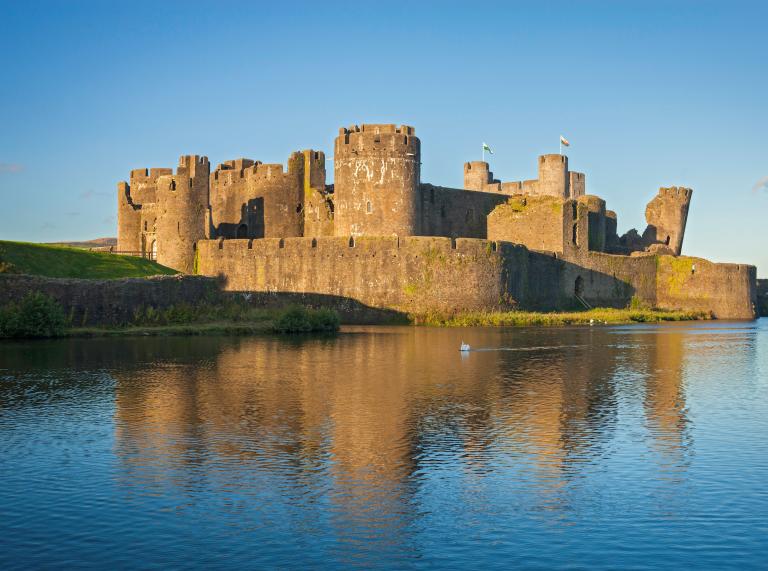 Caerphilly Castle's central island viewed from the south west across the water