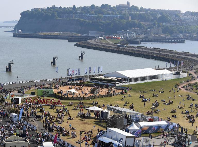 View from above of the Volvo Ocean Race village at Cardiff Bay