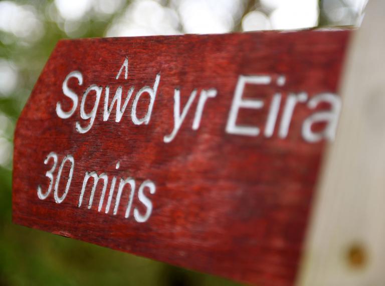 Red and white wooden signpost saying 'Sgwd yr Eira 30mins'.
