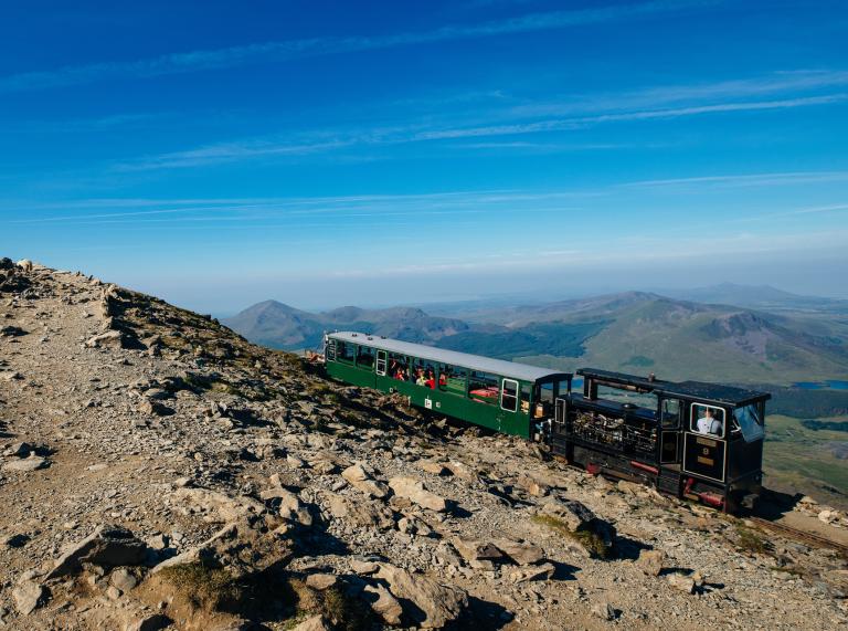 Snowdon Mountain Railway diesel hauled train near the summit.