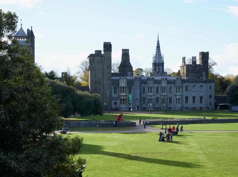 Exterior of Cardiff Castle Museum viewed from an elevated position.