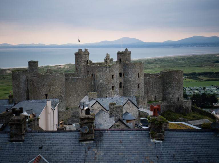 View over Harlech Castle looking towards the coast.