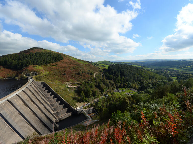 Clywedog reservoir with the remains of Bryntail Lead mines below.
