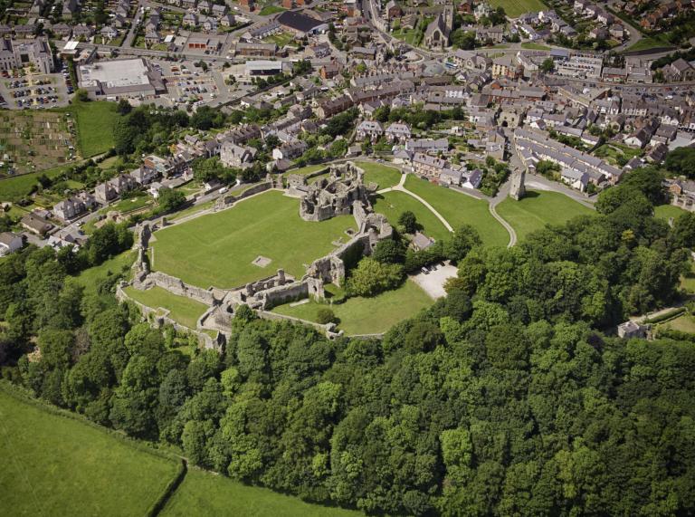 aerial view of castle and surrounding buildings and woods.